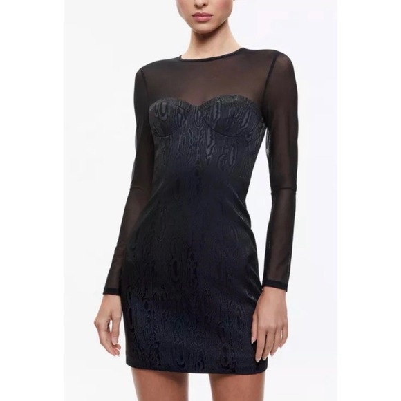 Alice + Olivia Takako Mesh Long Sleeve Mini Dress Size 10 in Black NEW